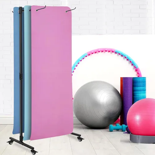 Vista 6 de Soporte para colchoneta de yoga colgante, carrito de almacenamiento de metal de doble cara sobre ruedas, estante para pilates de pie para gimnasio