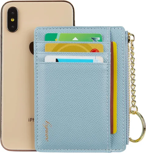 Vista 35 de Tarjetero delgado minimalista para mujer, monedero, monedero, llavero con bolsillo frontal con ventana de identificación
