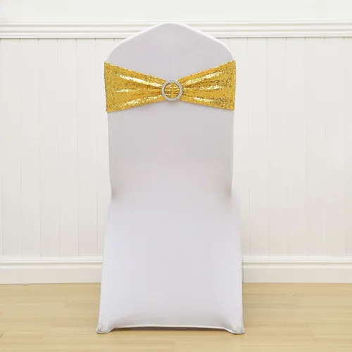 Vista 5 de Bandas de silla doradas totalmente cubiertas de lentejuelas brillantes para bodas, bandas de silla con purpurina brillante y lazos para decoraciones