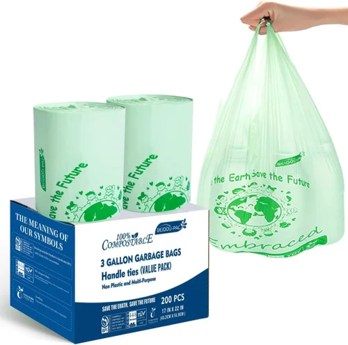 Vista 20 de BEIDOU-PAC Bolsas de basura compostables certificadas de 1.6 galones con asa, 125 bolsas de basura pequeñas de compost para cocina, bolsas de basura