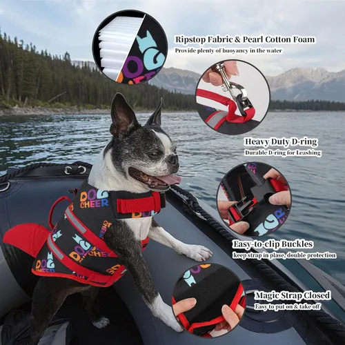 Vista 4 de Dogcheer - Chaleco salvavidas para perros, lindo diseño de tiburón para natación y navegación con flotabilidad superior y asa de rescate, chaleco