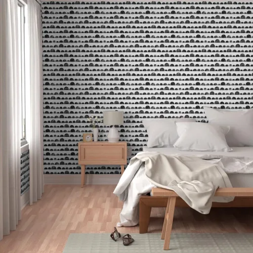 Vista 5 de Spoonflower Circles Black Ink Pre-Pasted Removable Wallpaper Roll 24" x 36" Modern White Scallops Self-adhesive, removable and renter-friendly