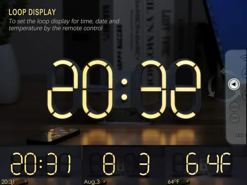 Vista 4 de KOSUMOSU Reloj digital 3D LED de pared, reloj de escritorio de 9.7 pulgadas, reloj LED para sala de estar, dormitorio, control remoto, temperatura