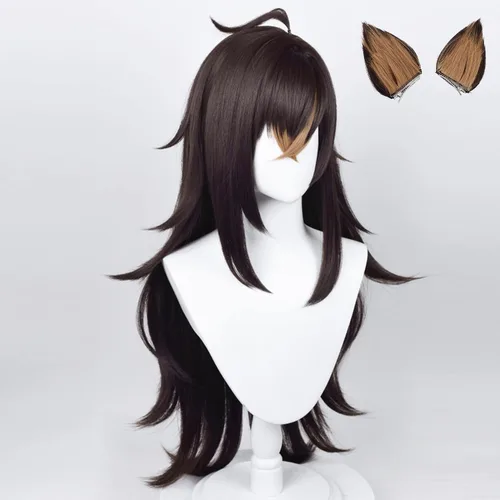 Vista 5 de Genshin Impact Cosplay Peluca para Dehya Sumeru Pelucas de anime con 2 orejas de pelo largo ondulado marrón con gorra de peluca gratis para cómic