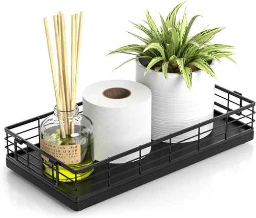 Vista 13 de Cesta de papel higiénico de acacia, bandeja de 13 pulgadas para almacenamiento de artículos de aseo en la parte superior del inodoro, organizador