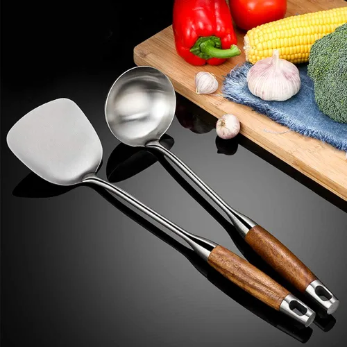 Vista 6 de 6 utensilios de cocina de acero inoxidable – Juego de herramientas de cocina con mango Hua Limu resistente al calor con cuchara ranurada, servidor