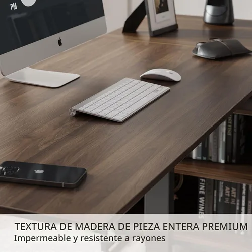 Vista 6 de FEZIBO Escritorio de pie en forma de L de 66 pulgadas con cajones y estantes, mesa ejecutiva de altura ajustable, parte superior de nogal