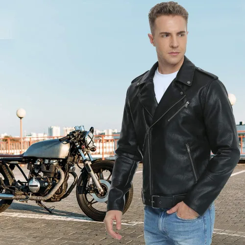 Vista 3 de Fahsyee Leather Jackets for Men, Faux Bomber Jacket Men Motorcycle Lapel Asymmetric Zip-Up Blet Slim Fit Biker Coat