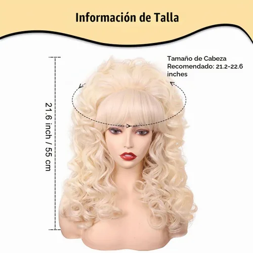 Vista 3 de Peluca rubia larga y rizada con flequillo, peluca de disfraz vintage para mujer Rubio