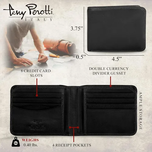 Vista 2 de Tony Perotti Cartera plegable de cuero italiano para hombre con tarjeteros, bolsillos, carteras delgadas de cuero para hombre, cartera de cuero