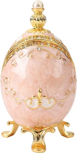 Vista 14 de Cajas de joyería con forma de huevo de Pascua azul con bisagras con diamantes de imitación en forma de amor, esmalte de regalo para mujeres
