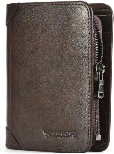 Vista 27 de Billetera para hombre con cremallera de cuero genuino RFID tarjeteros de piel de vaca con cremallera bolsillo para monedas, carteras plegables