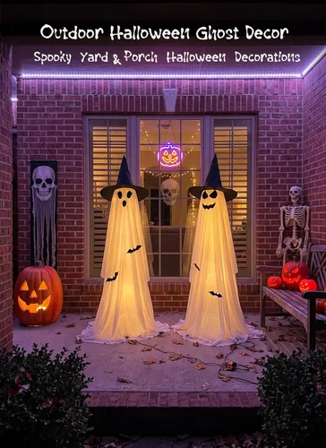 Vista 7 de Minetom 2 Pack Outdoor Halloween Ghost Decorations, Light Up Ghosts 2 witch hats