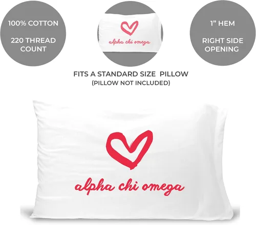 Vista 2 de sockprints Funda de almohada Alpha Chi Omega - Nombre de la hermandad con diseño de corazón. Funda de almohada 100% algodón tamaño estándar 20 x 30