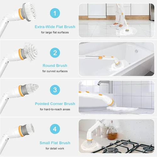 Vista 4 de Limpiador eléctrico giratorio KIKOLIN de alta velocidad de 380 RPM, cepillo de limpieza inalámbrico de 2 velocidades para baño, bañera, ducha, suelo
