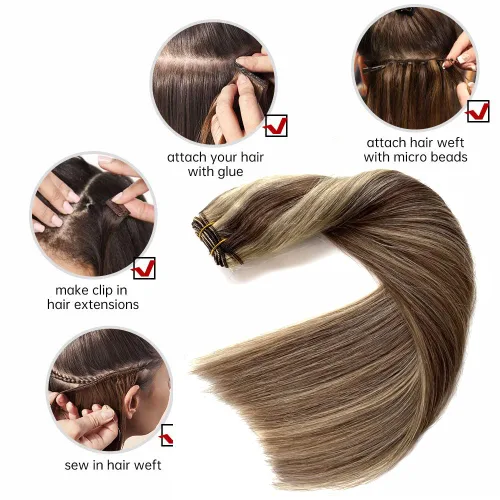 Vista 6 de Extensiones de cabello humano real, balayage, color castaño ceniza a rubio miel, extensiones de cabello humano con reflejos, 14 pulgadas, 2.82 oz