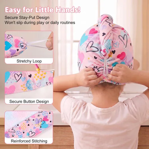Vista 3 de Basumee Toalla Envolvente de Microfibra para el Cabello para Niños Paquete de 2 Toallas de Cabello de Secado Rápido con Botón Turbantes para Cabello
