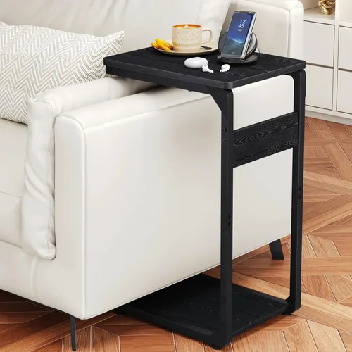 Vista 6 de Mesa auxiliar pequeña con pedestal de madera para sofá, mesa auxiliar en forma de C, bandejas de TV para comer, bebidas de café, cena, comida
