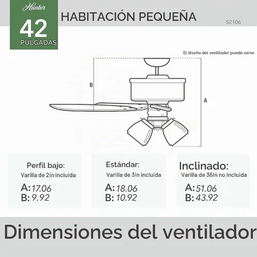 Vista 6 de Hunter Fan Company 52106 Hunter Builder - Ventilador de techo para interiores con luz LED y control de cadena de tracción, 42 pulgadas, acabado