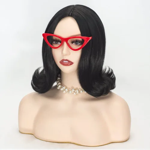 Vista 3 de Peluca corta negra Bob para mujer, disfraz de cosplay, Halloween + gafas rojas Negro