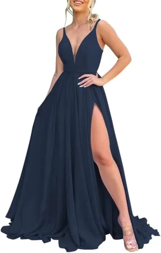 Vista 7 de Vestidos largos de dama de honor para mujer, con abertura, cuello en V, vestido de fiesta formal para boda