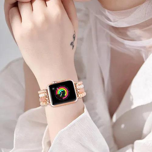 Vista 6 de fastgo - Correa de pulsera con cuentas compatible con Apple Watch de 45mm/44mm/42mm/49mm, para mujer, serie 7, correa elástica de moda para iWatch