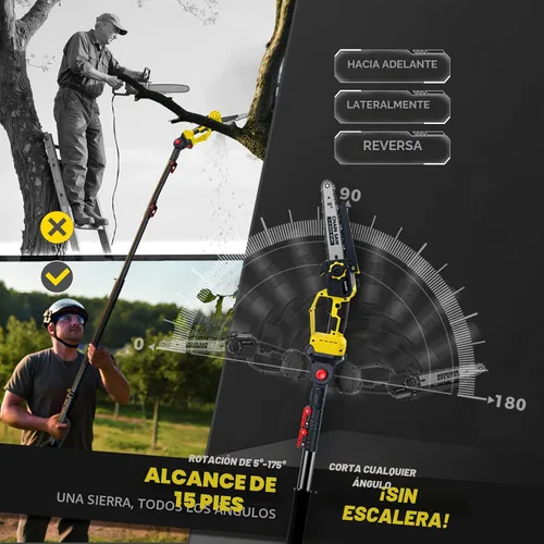 Vista 6 de Sierra de poste inalámbrica 2 en 1 sin escobillas y mini motosierra, 2 cadenas de 21 V 4.0 Ah a batería de 8 pulgadas, alcance máximo de 16 pies