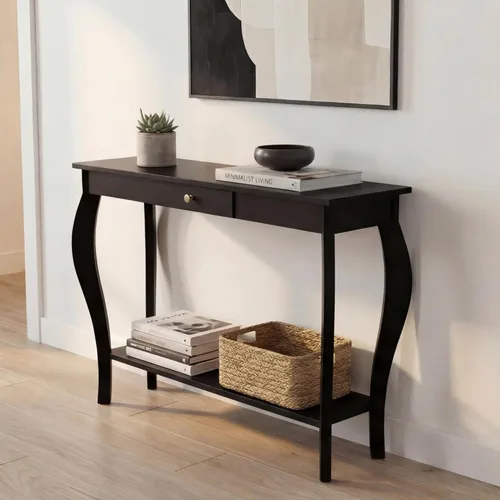 Vista 5 de ChooChoo Mesa consola estrecha con cajón, elegante mesa de sofá, mesa de entrada, color negro