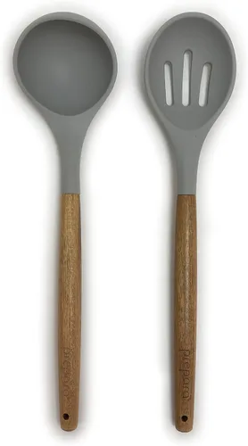Vista 5 de Prepara Juego de 2 cucharones de sopa y cuchara ranurada de acacia y silicona, color verde espuma de mar