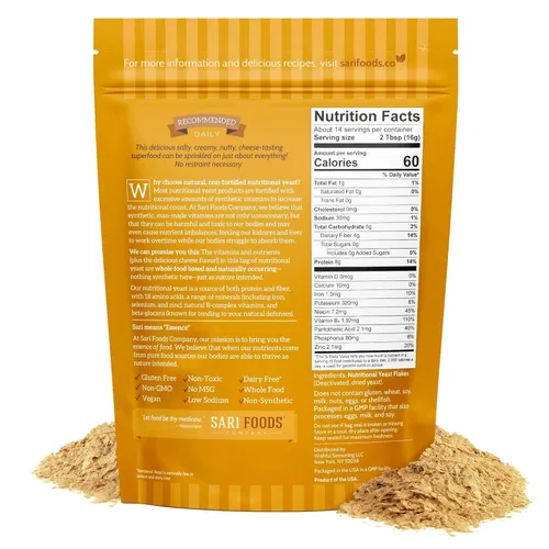 Vista 2 de Sari Foods Copos de levadura nutricional de 8 onzas, sazonador nutricional no fortificado para levadura superalimento, proteínas, sin gluten y sin
