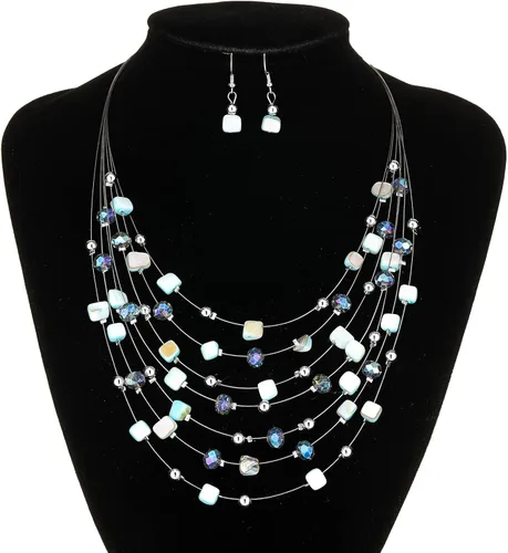 Vista 4 de Collar de cuentas de concha bohemia de varias capas para mujer, hebra de cristal colorida con cuentas plateadas, collares y aretes, disfraces