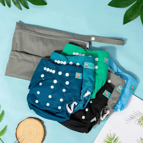Vista 5 de ALVA BABY - 6 fundas para pañales de tela y 1 bolsa húmeda y seca, lavable y reutilizable para pañales preplegado con bolsa multifuncional 02 Boy