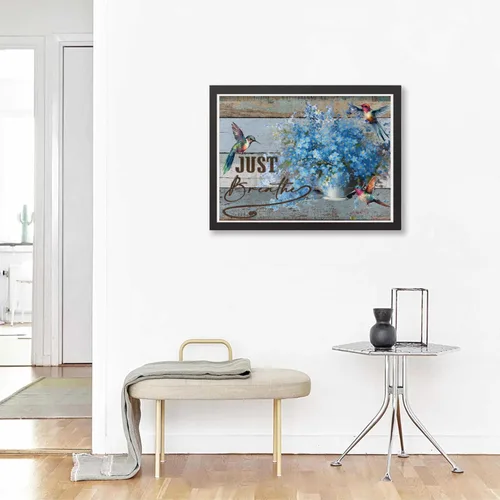 Vista 3 de Kit de pintura artística de diamante para adultos, florero de flores azules, dibujo de margaritas, colibrí azul, pintura vintage, simplemente