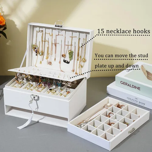 Vista 3 de BOOVO Joyero de gran capacidad para mujeres y niñas, organizador de pernos de 5 capas, caja organizadora de joyas con cerradura para aretes