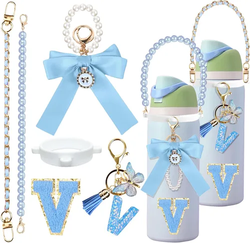 Vista 77 de 6 piezas de accesorios con letras para botella de agua Owala 24 oz 32 oz 40 oz, con lindos dijes iniciales y correa para el asa, compatible