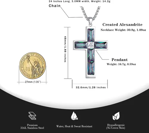 Vista 3 de Collar de cruz con piedra de nacimiento para hombre, collar de cruz de acero inoxidable 316L con colgante de cruz de circonia cúbica para mujer