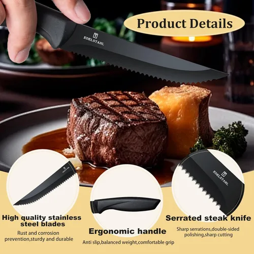 Vista 3 de Juego de 4 cuchillos para bistec, cuchillo premium para bistec, juego de cuchillos para bistec de acero inoxidable, cuchillo para bistec dentado