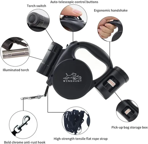 Vista 4 de Correa retráctil para perro de 360° sin enredos con linterna, dispensador y bolsa de excrementos, cinta de nailon resistente para perros pequeños