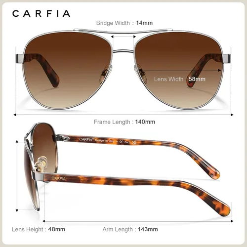 Vista 34 de CARFIA Gafas de sol polarizadas para mujer, protección UV, brazos de acetato, marco de metal, sombras para mujer, CA3216