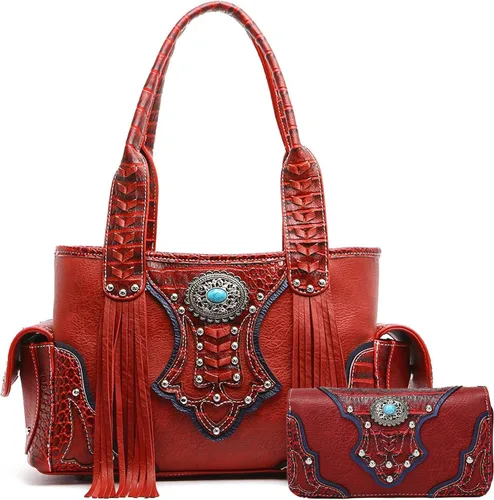 Vista 10 de Estilo occidental vaquera tejida con flecos de cocodrilo magnífico monedero conchos Tote Country Women bolso bolso hombro cartera conjunto 1 juego