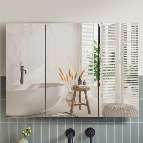 Vista 9 de Movo Botiquín de medicina negro de 40 x 28 pulgadas, espejo de baño, sin marco, gran montaje en pared, con 3 puertas, estantes movibles