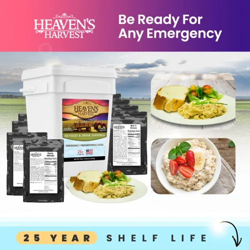 Vista 4 de Heaven’s Harvest Kit de Alimentos Familiares de 25 Años — Suministro de Alimentos de Emergencia. Kit de Alimentos de Supervivencia Liofilizados +