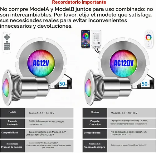 Vista 7 de Luces de piscina para piscina enterrada, luz LED de 1.5 pulgadas, luz de piscina y spa, IP68 impermeable, sin nicheles, AC12V, cable de 50 pies