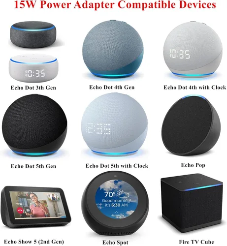 Vista 2 de Adaptador de corriente de 15 W para Alexa Echo Dot (3ª/4ª/5ª generación), Echo Dot con reloj (3ª/4ª/5ª generación), Echo Dot Kids Edition, Echo Show
