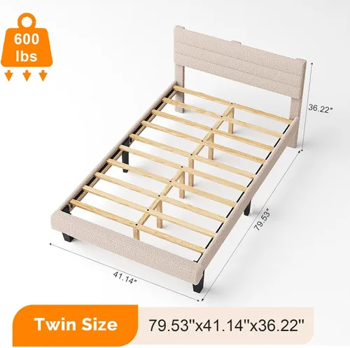 Vista 2 de VINGLI Base de cama individual para niños, cama de plataforma tapizada Boucle con cabecera ajustable, soporte de listones de madera resistente, cama