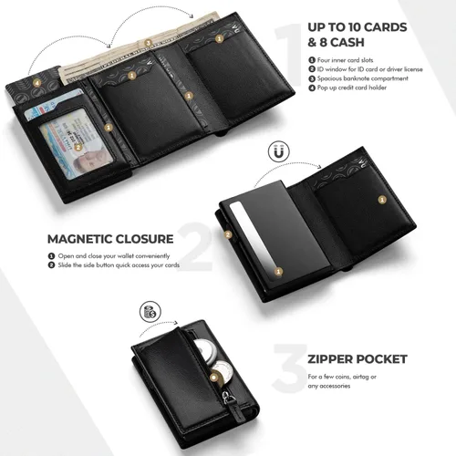 Vista 2 de VULKIT Tarjetero con bolsillo para monedas, cierre magnético, tarjetas emergentes con ventana de identificación, cartera de cuero para efectivo