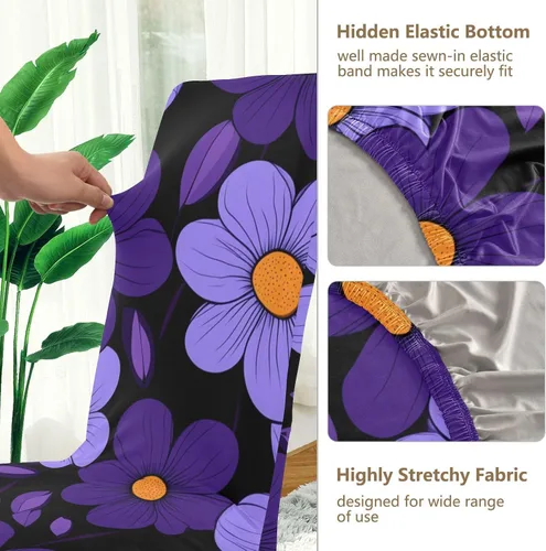 Vista 3 de Simple Purple Flowers Black Background Decorative Chair Cover for Bedroom Washable Club Chair Cover fundas para sillas de comedor Set of 4