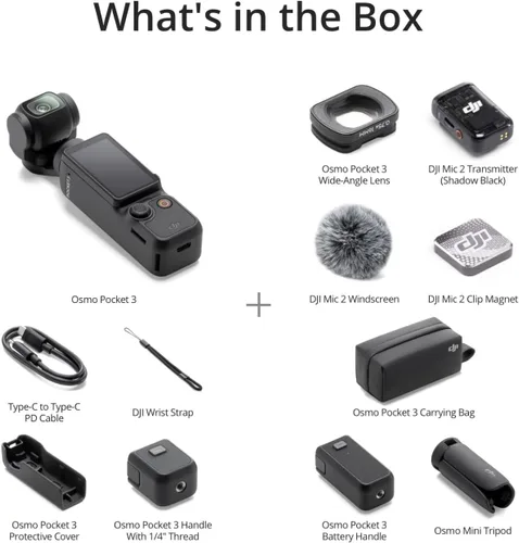 Vista 3 de DJI Osmo Pocket 3 Creator Combo 4K 120fps cardán de mano de 3 ejes, tarjeta SD, bolsa NYC, 1 año plan de atención de NYC y más