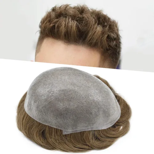 Vista 11 de Tupé de piel ultra fina para hombres pieza de cabello humano real sistema de reemplazo 0.002 in Mens Toupee Hairpiece para hombres V-Loop 8x10 80%