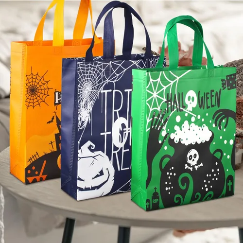 Vista 6 de Aviski 6 bolsas de Halloween para dulce o truco, no tejidas grandes bolsas de regalo con asas para envolver regalos, suministros de fiesta, 15 x